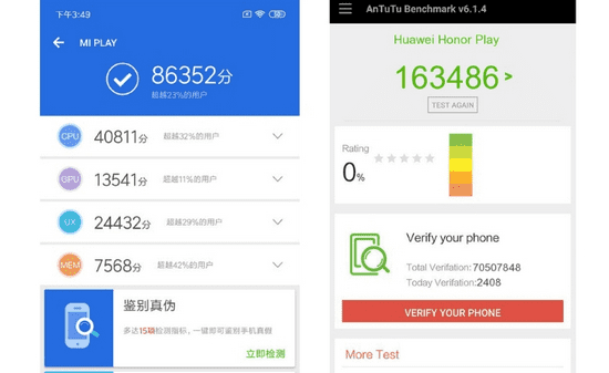 Результаты тестов по AnTuTu для Huawei Honor Play и Mi Play