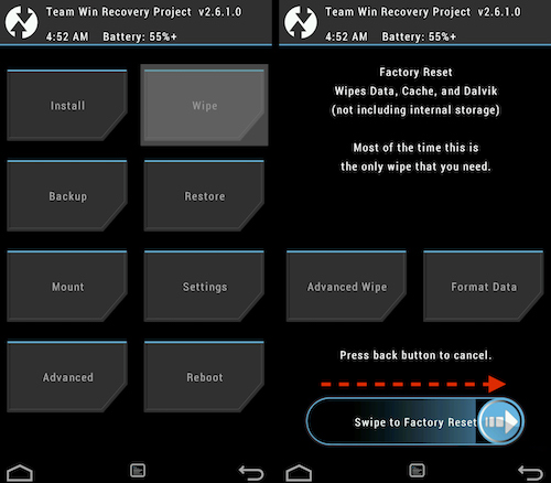 Меню приложения TWRP Сброс настроек через TWRP