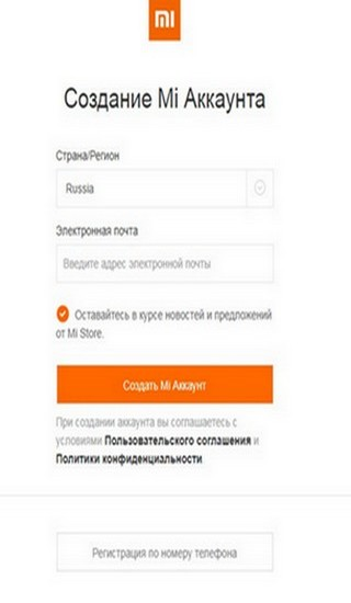 Создание Mi аккаунта Поле для ввода регистрационных данных